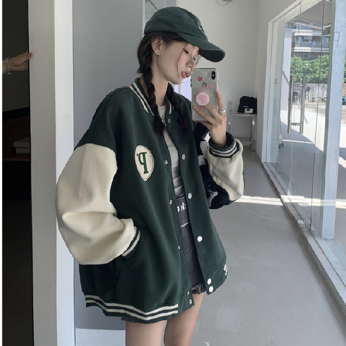 撞色棒球服女秋季2025新款复古宽松中长款字母刺绣BF风长袖外套女|undefined