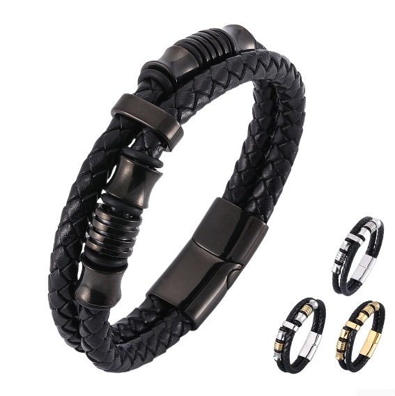 【Producto Popular】 Pulsera de Cuero Negro para Hombre, Doble Capa, Trenzada de Acero Inoxidable, Hecha a Mano, Multicapa image 5