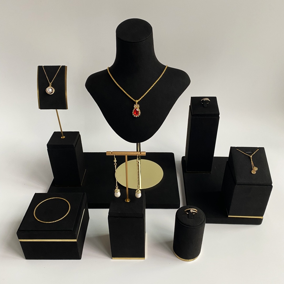 黑色超纤金属珠宝展示道具耳环项链戒指橱窗陈列人像首饰展示架板