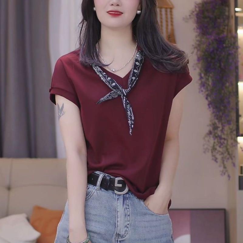 Fashionable Mother's Clothing, Casual Pure Color Bottoming Shirt for Women, Summer New Classy Cotton V Neck Short-Sleeved T-Shirt Top