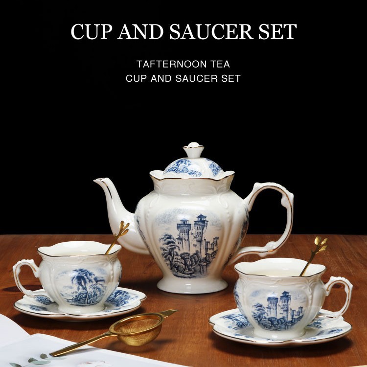 Jingdezhen cerámica taza de café plato set tetera de oficina azul porcelana de agua de cerámica tetera de aceite de tetera doméstica tetera