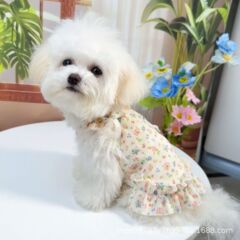 春夏の新型の木の耳元の花のサスペンダーのスカートの犬の猫の服の薄い金の通気性のペットの服の卸売りは国境を越えます。