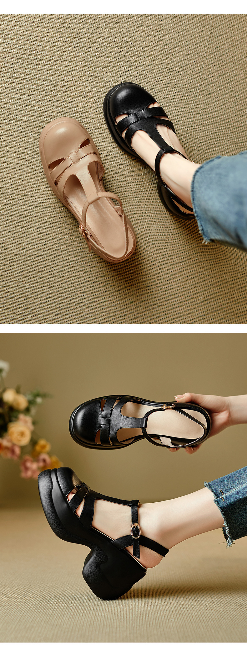 Sandal nữ quai chữ T đế xốp dày phong cách La Mã dệt — đen chi tiết 5
