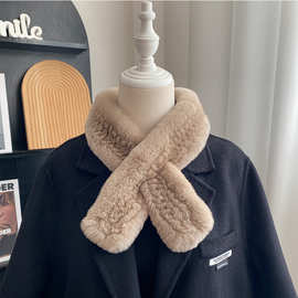 獭兔毛围巾女冬季保暖双面百搭交叉皮草围脖淑兔毛绒加厚毛领子