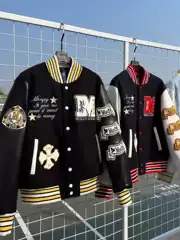 American Style Baseball Jacket Wool & Leather Splicing Embroidered Casual Jacket Unisex Motorcycle Coat Trendy Edgy Outerwear