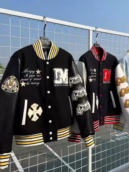 American Style Baseball Jacket Wool & Leather Splicing Embroidered Casual Jacket Unisex Motorcycle Coat Trendy Edgy Outerwear