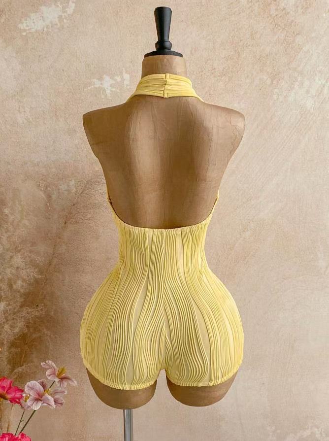 American Retro Wavy Striped Halter Neck Jumpsuit Shorts For Women Deep V Hollow Out Slim Fit Knit Jumpsuit_ecoleips.com