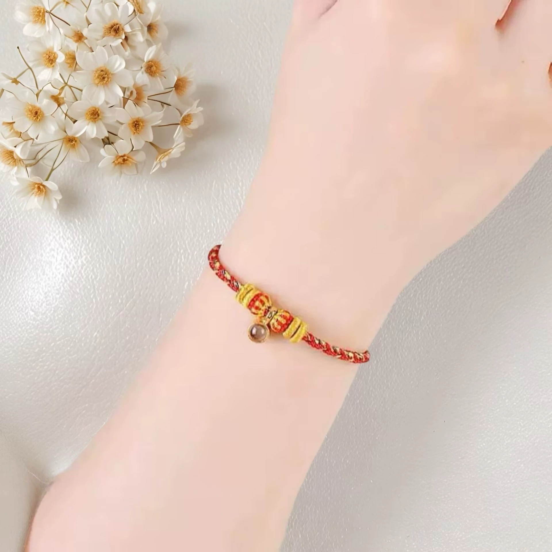 Birthday charm, woven red rope bracelet handmade, one bead bracelet