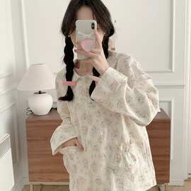 韩国INS新款小花边娃娃领碎花可爱家居服套装长袖长裤女