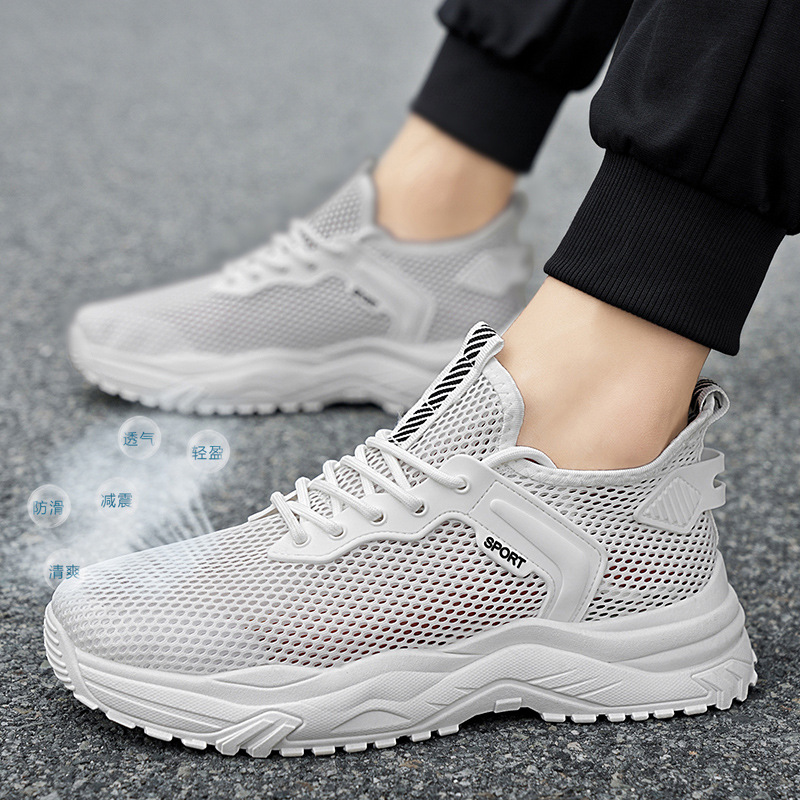 2025 nuevos zapatos de verano transpirables para hombres, malla hueca, zapatos de malla delgados ligeros, zapatos deportivos blancos para estudiantes, hombres