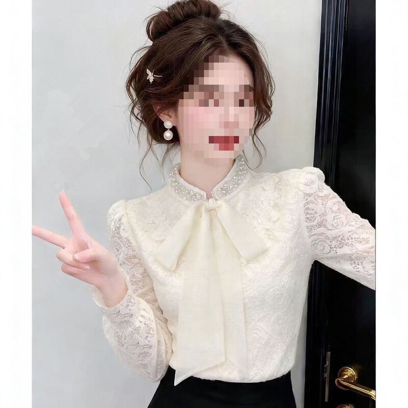 Elegant women's warm shirt with beaded embellishments, bow, French-style flowing straps, fleece-lined, lace, new white camisole Elegant women's warm shirt with beaded embellishments, bow, French-style flowing straps, fleece-lined, lace, new white camisole