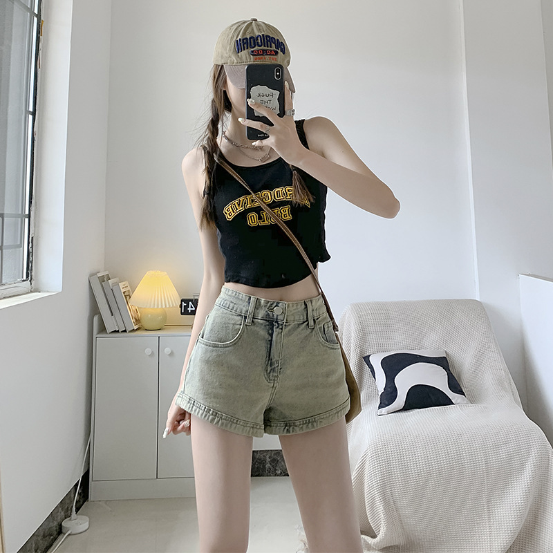 Pantalones cortos vaqueros para mujer, estilo retro americano, cintura alta
