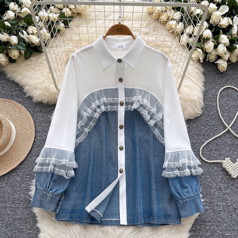 Korean Ins Style Design Lace Stitching Contrasting Color Long-Sleeved Denim Shirt Women's Loose and Versatile Single-Breasted Jacket
