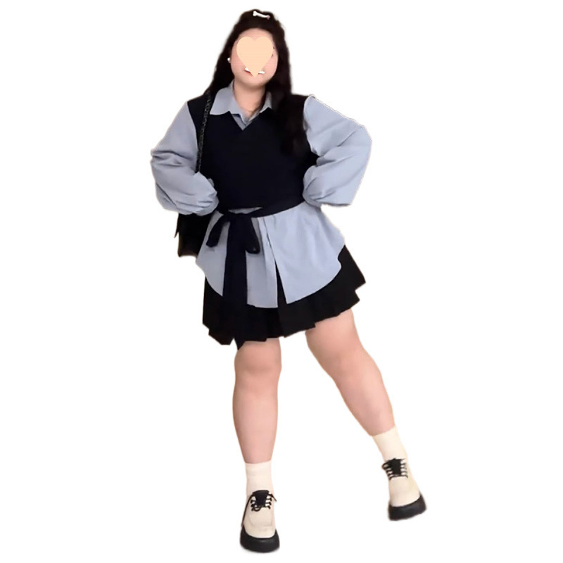 特大码女装300斤胖拼接假两件绑带收腰长袖衬衫显瘦上衣2025春|undefined