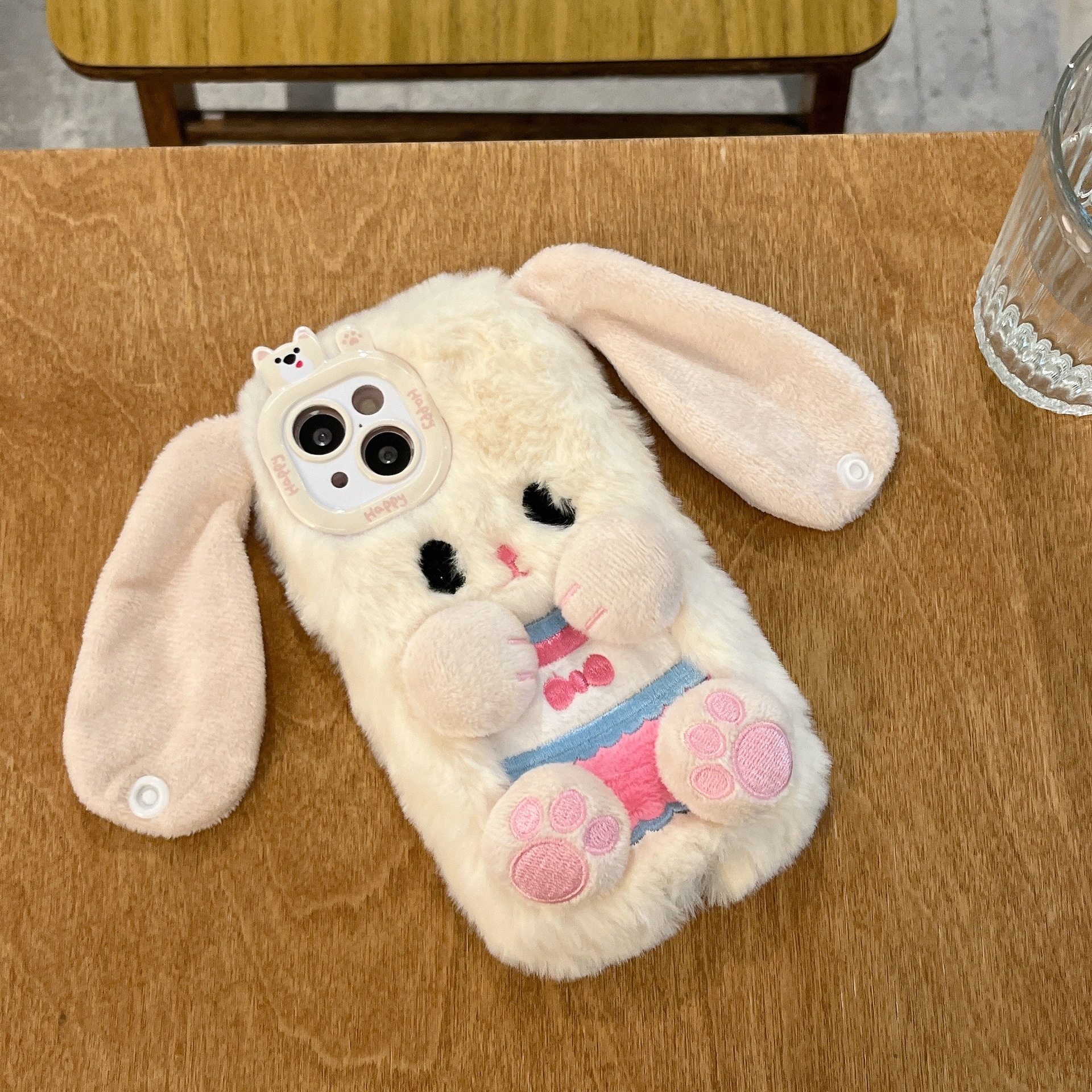 Botón de peluche lindo orejas conejo iPhone16 Apple 15 para 16 pro max cubierta de teléfono celular