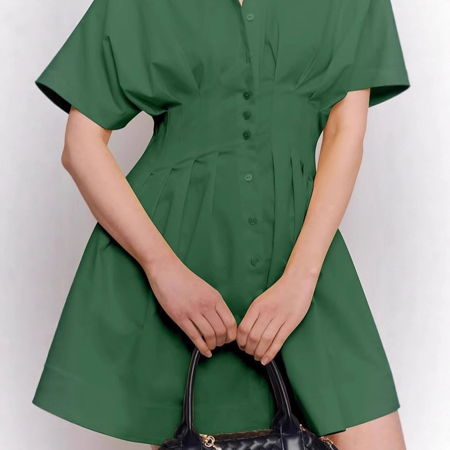 女式系扣百褶衬衫连衣裙夏季短袖衬衫条纹印花紧身胸衣迷你连衣裙