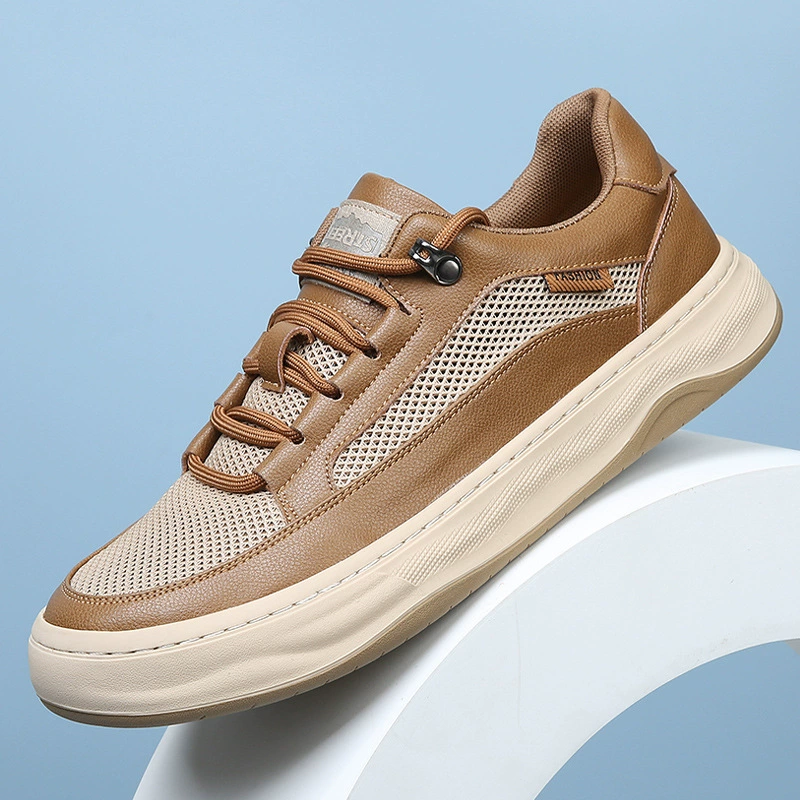 2025 летние новые мужские туфли из натуральной кожи с сетчатыми вставками, дышащие спортивные повседневные туфли на толстой подошве, мужские белые туфли.