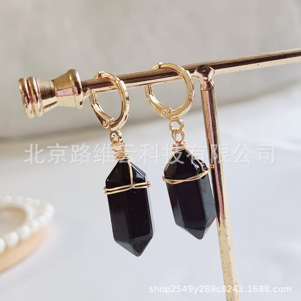 Pendientes de cristal natural de estilo explosivo transfronterizo, bala de doble punta, pequeña columna hexagonal, aretes de amatista de ágata roja, mujer