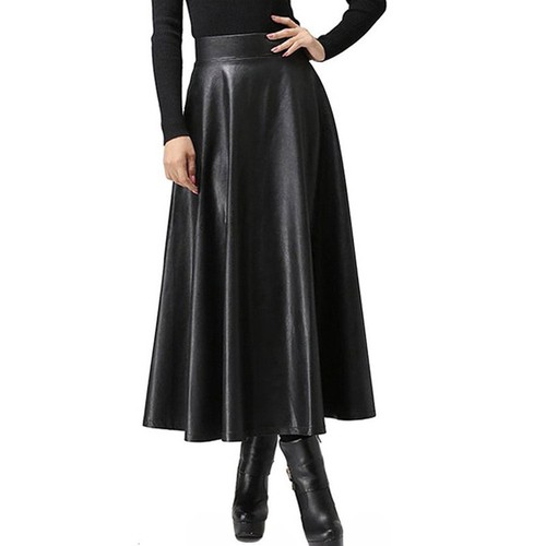 Summer European and American-style chic A-line black leather skirt with a voluminous, figure-flattering hem for an elegant look