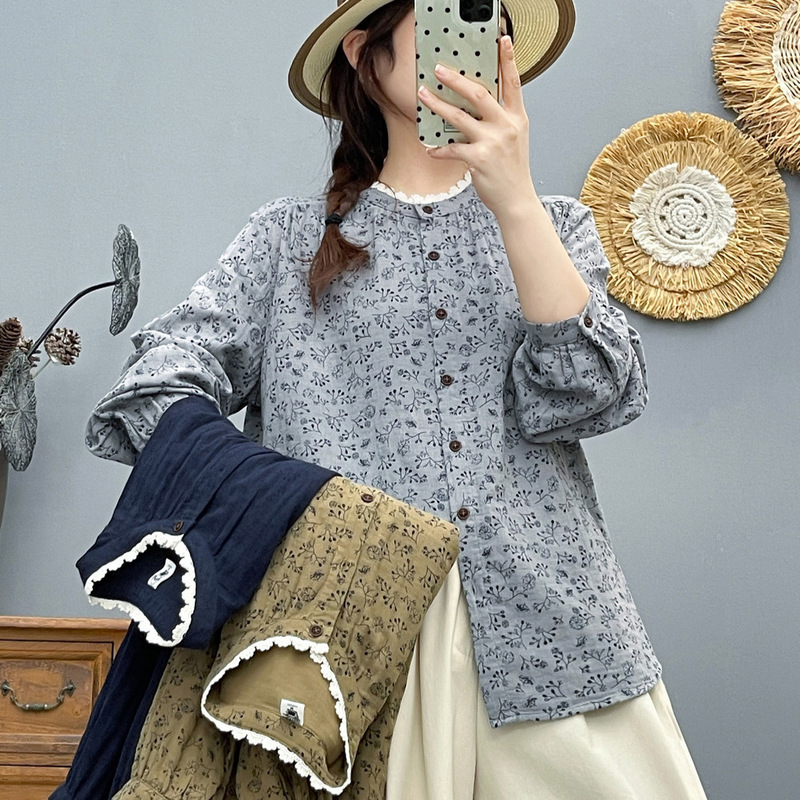 Korean Style Elegant Lace Collar Printed Comfortable Cotton Gauze Long-Sleeved Shirt for Women 2025 Autumn New Slim Shirt Top