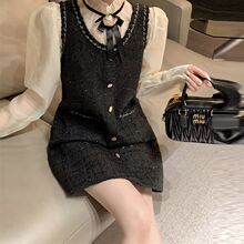 春夏小香风套装气质名媛小个子粗花呢背心连衣裙女雪纺衬衫两件套