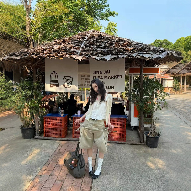 Khaki workwear cropped pants for women, 2026 summer, petite size, loose wide-leg casual denim mid-length pants, trendy