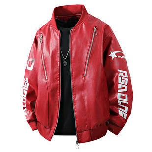 New Motorcycle Leather Jacket Men's Leather Jacket Men's Jacket Solid Color Printed Racing Suit Jacket Men's Hong Kong Fashion Brand Season Couple