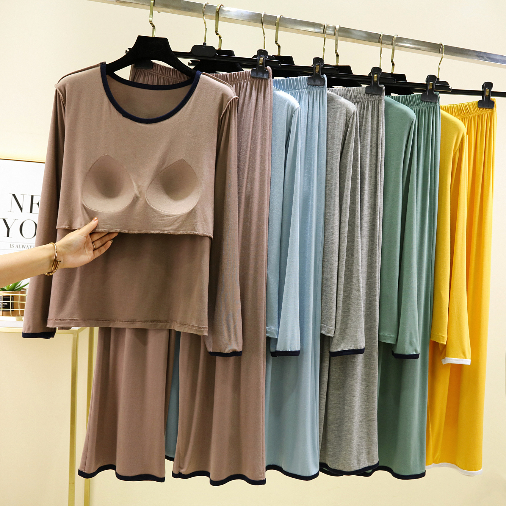 Modal chest pad pajamas suit women's autumn casual plus size home wear wear-free bra top trousers two-piece set