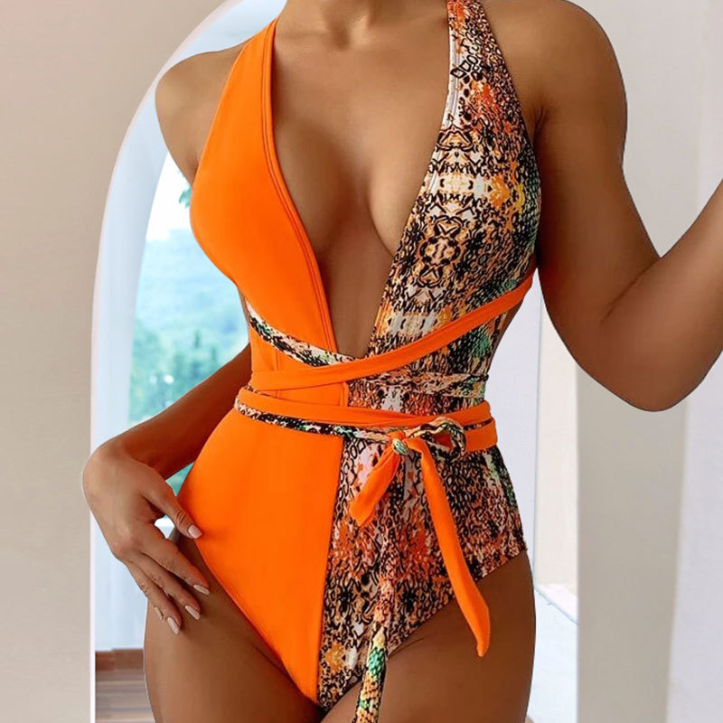 print cross sling backless lace-up v neck one-piece swimsuit NSLRS123656