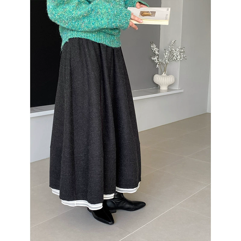 Корейская шерстяная юбка Jiang Zuo 2024 новый деревянный гриб сшитый, эластичная, высокая талия, свободная юбка А-фу 6180