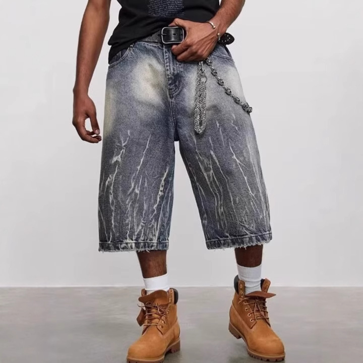 American Retro Washed Ripped Denim Shorts Men's Summer Thin Wide-Leg Cropped Pants High Street Loose Straight Pants