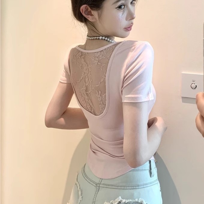 5121 # Pure Desire Style Lace Backless Off-Shoulder Short Sleeve T-Shirt for Women, Summer Slim Fit, Slimming Hot Girl Short Versatile Top