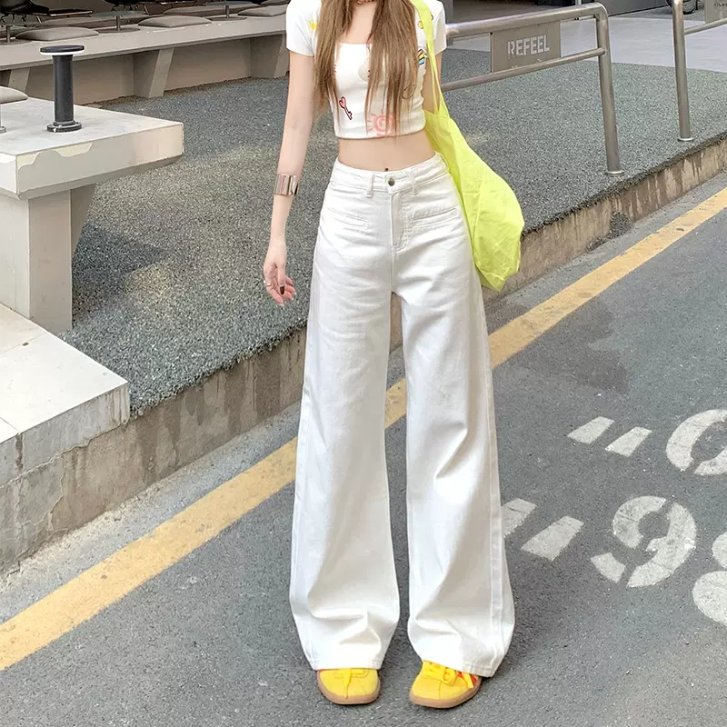 白色阔腿牛仔裤女2025春秋季新款高腰显瘦窄版宽松直筒百搭拖地裤
