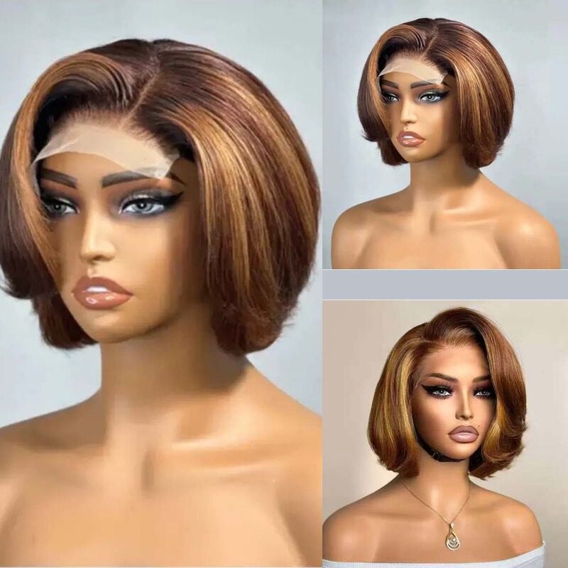 Cross-Border Best-Selling Wig Brown Layered Gradient Front Lace Wig Short Curly Bob High Temperature Silk Chemical Fiber Headgear