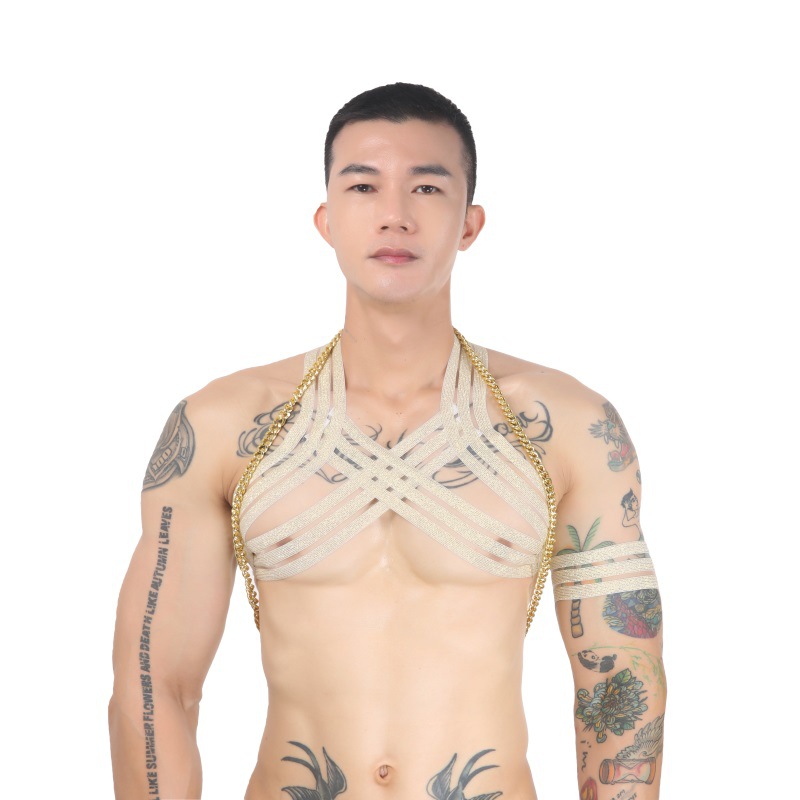Sexy Men's Chest Straps,Black And White,Cross Sexy Underwear For Dancing Performance,Restraint Straps With Aluminum Chain