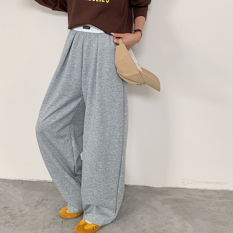 美式拼接腰阔腿裤女2025秋冬新款松紧腰百搭显瘦运动休闲卫裤|undefined