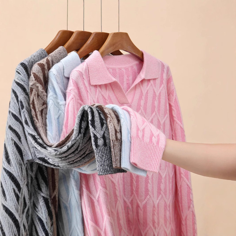 Autumn and Winter New Polo Collar Cashmere Sweater, Feminine Casual and Versatile Thick Cable Sweater Knitted Bottoming Alalana