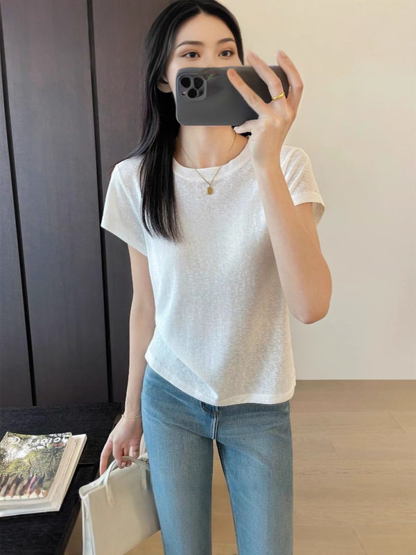 夏用の女性用テクスチャードショルダーソリッドカラーカジュアルラウンドネック半袖Tシャツ、ゆったり、多用途、スリム、通気性、薄い半袖|undefined