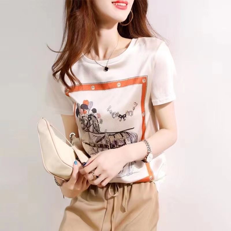 AB impreso de manga corta de verano impreso camiseta de las mujeres blancas de reducción de edad elegante adelgazar superior de secado rápido todo partido redondo image 8