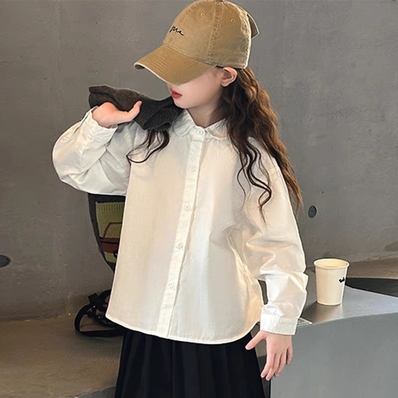 2026春女童衬衫纯色圆领休闲衬衫校服百搭女童衬衫白色洋气时尚