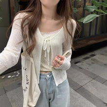 5889#薄款镂空系带防晒衫女装夏季V领短款针织开衫外搭白色上衣潮