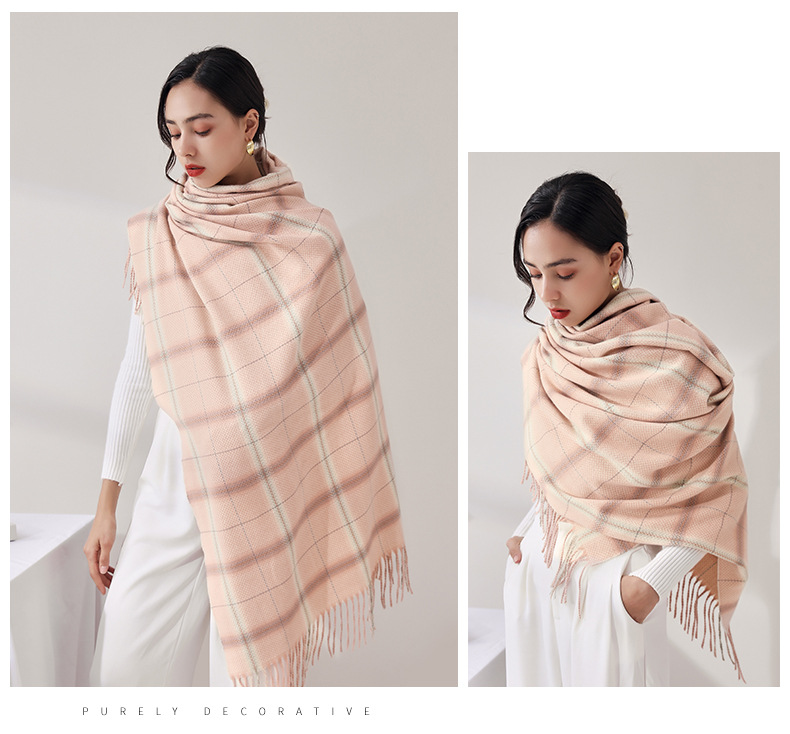 2024 Fashion Checkered Scarf New Cashmere Scarf Women's Sweet Shawl Warm Woven Tassel Autumn And Winter Scarf_voghion.com
