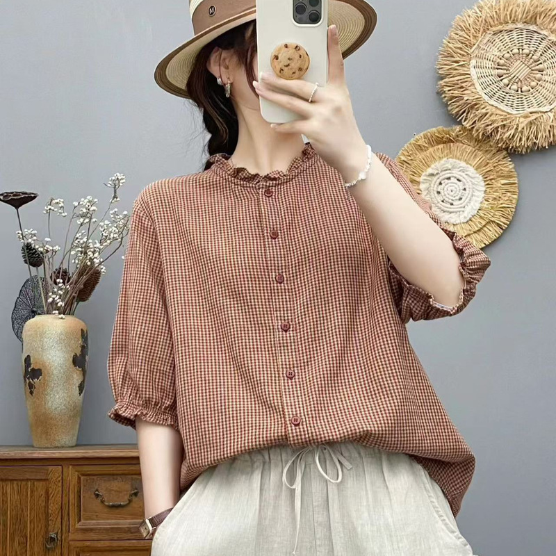 2026 Summer Short-Sleeve Women's Shirt with Ruffled Collar, Small Checkered Pattern, Loose Casual Korean College Style Top, New Model