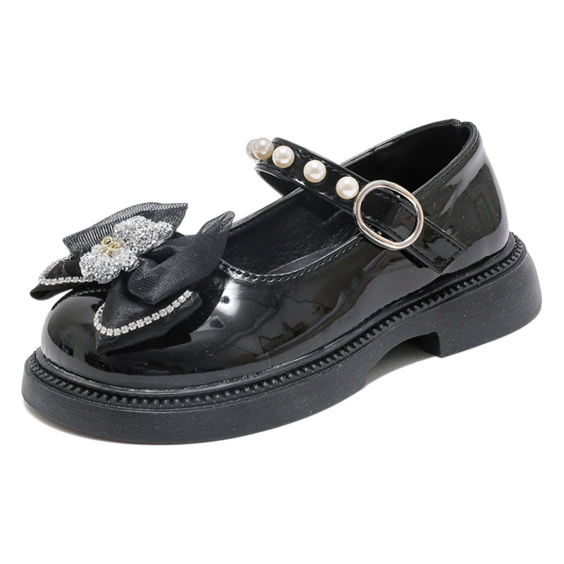 Детские кожаные туфли для девочек, весна-лето 2025, черные, британский стиль, мягкая подошва, бант, туфли принцессы