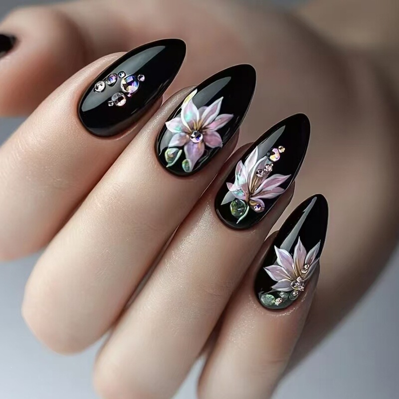 24-Piece Almond-Shaped Press-On Nails in Sweet Cool Black and Purple Color Scheme with White Gradient, Glittering Flowers, and Bubble Beads