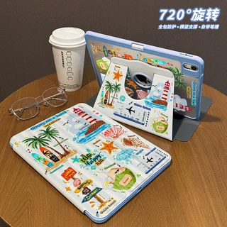 清凉感平板保护壳蓝边带笔槽九代ipad保护壳椰树10.2寸平板保护套
