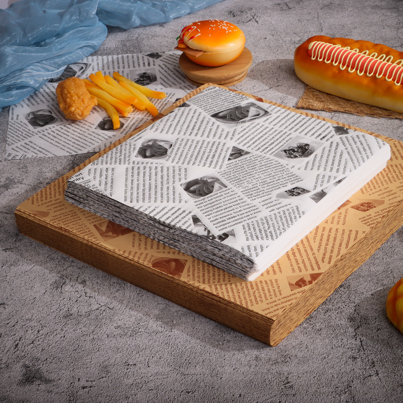 现货烘焙牛皮纸防油袋三明治垫盘垫油纸蛋糕面包英文报纸油垫纸