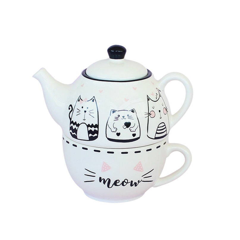 Francés romántico lindo gato europeo y americano blanco y negro tetera de cerámica regalo hogar juego té decorativo más olla traje