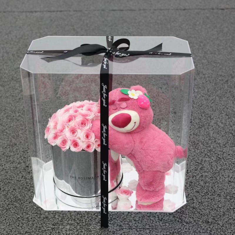 Popular popular en línea chino regalo de San Valentín flor eterna fresa oso abrazo cubo Rosa decoración de flores reales