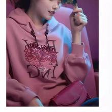 秋季美拉德穿搭唐嫣同款港味复古chic上衣休闲时尚粉色连帽卫衣女